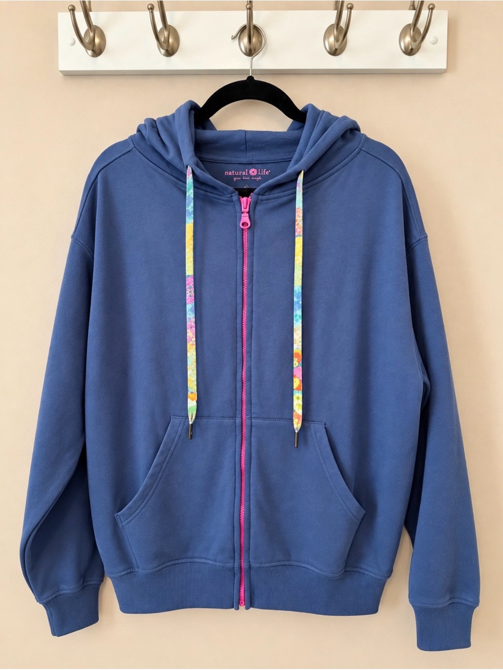 Natural Life S/M Oversized Patchwork Floral Rainbow Zip Hoodie Blue NWOT - Picture 3 of 12